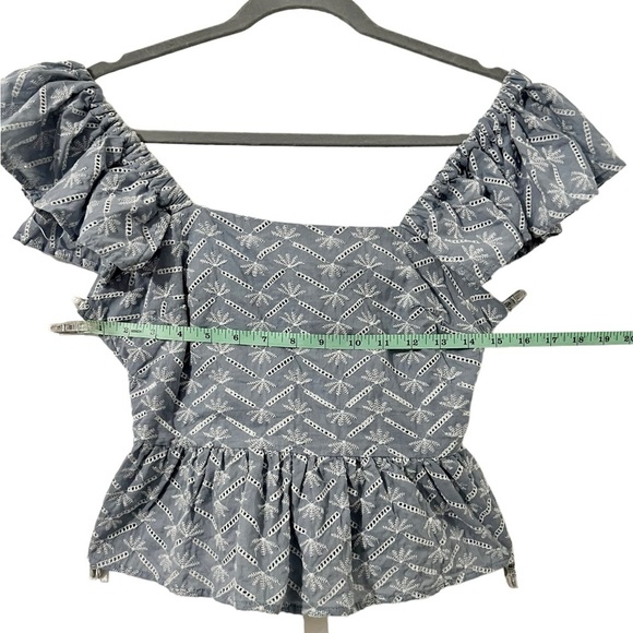 Francesca’s Crop Top. Blue with White Embroidery Flutter Sleeve Back Bow… - Picture 9 of 10